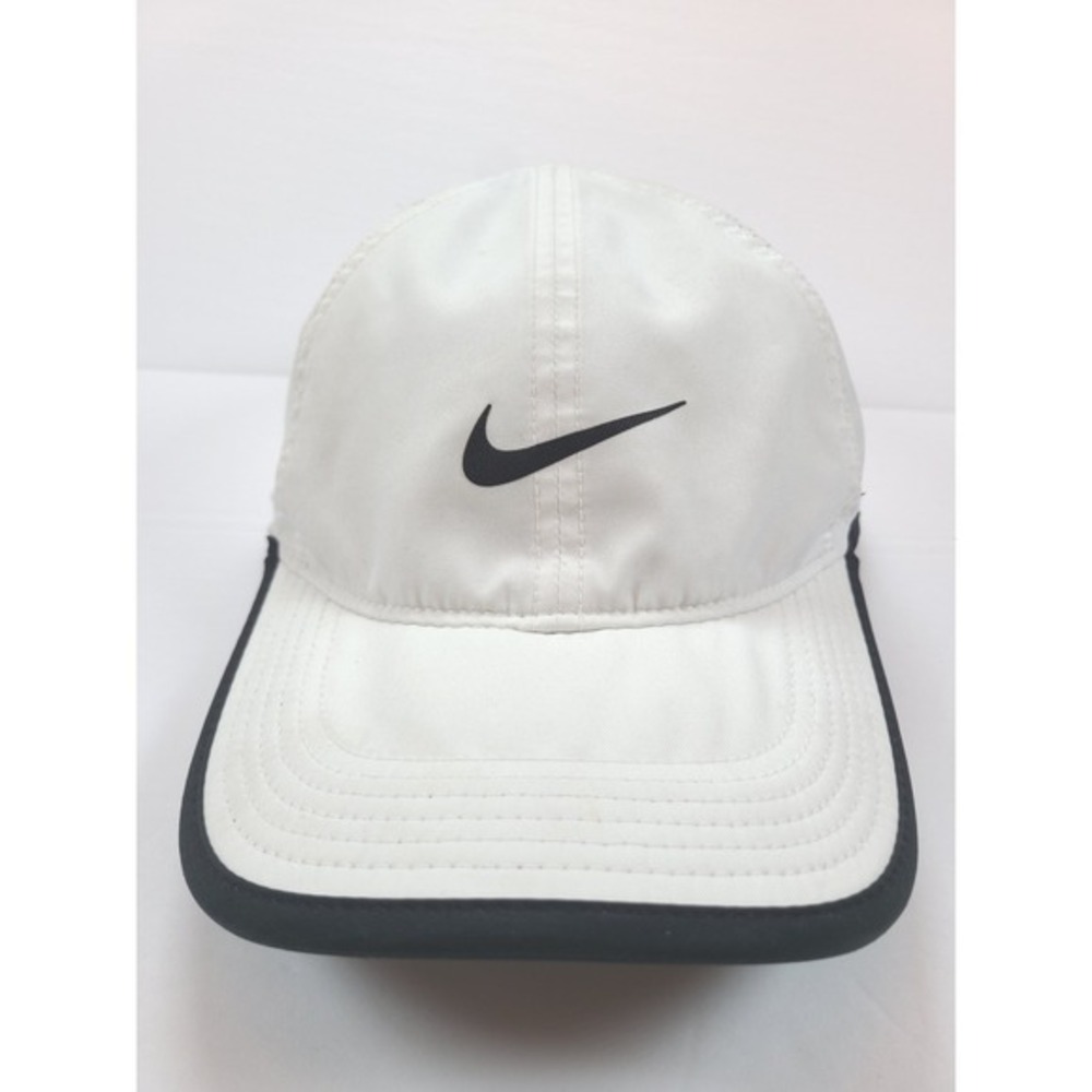 Nike‎ Featherlight Dri-Fit Running Hat White Black Trim Swoosh Cap Adjustable